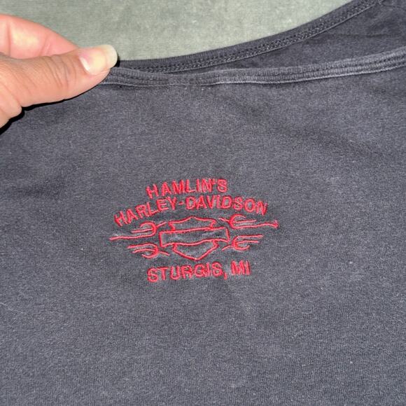 Harley-Davidson Tank Top Women XL Black Sequin Logo Y2K Red Straps Sturgis, MI - Picture 10 of 10